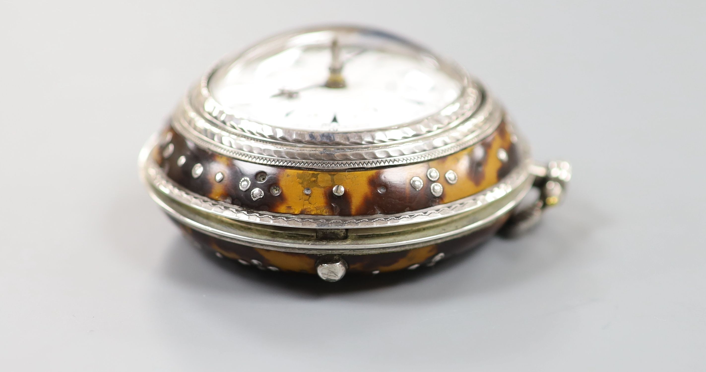 A 19th century silver and tortoiseshell triple case keywind verge pocket watch, for the Turkish market, by Edward Prior, London, case diameter 60mm (dial a.f.).